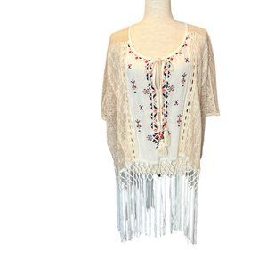 MISS ME lightweight poncho festival outerwear with fringe EUC
